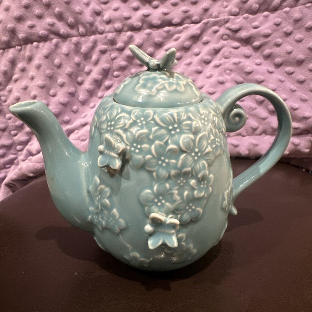 Grace's Teaware Teapot Turquoise With Butterflies And Floral Design.